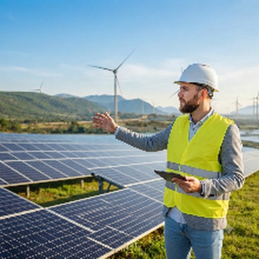 A developer on site with a solar array and wind turbines behind